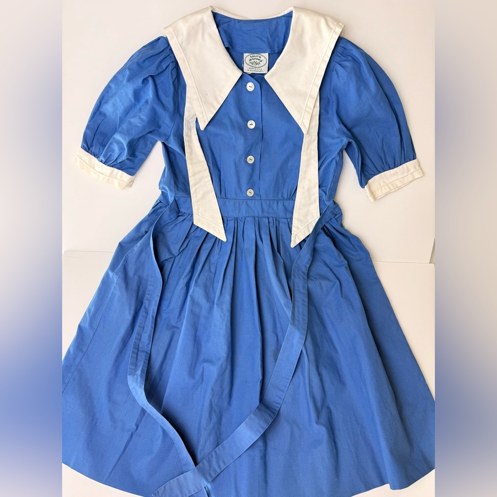 Vintage Laura Ashley Girls Sailor Dress Blue White Made in USA Age 9 - 10